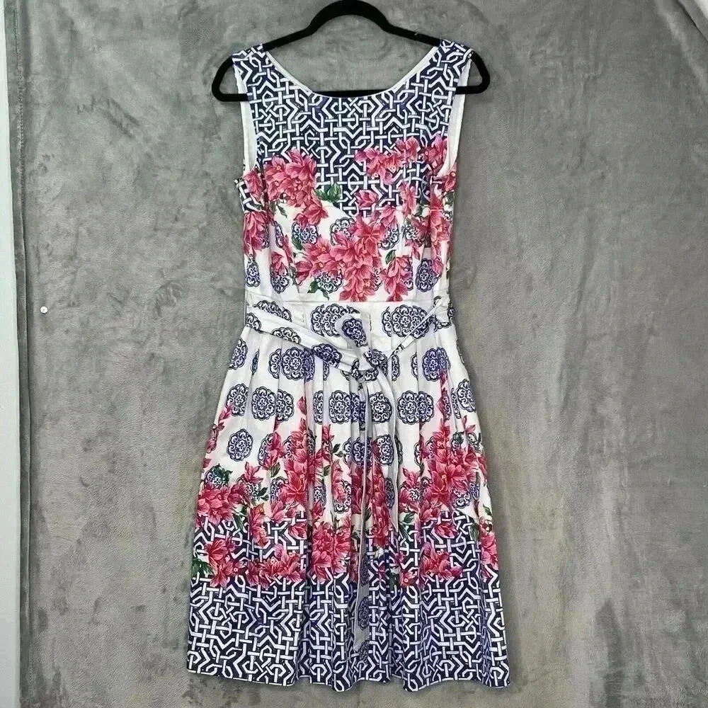 Talbot Mosaic Floral Sateen Fit & Flare Pink Blue Pleated Dress Knee Length Sz 8 - Picture 7 of 16